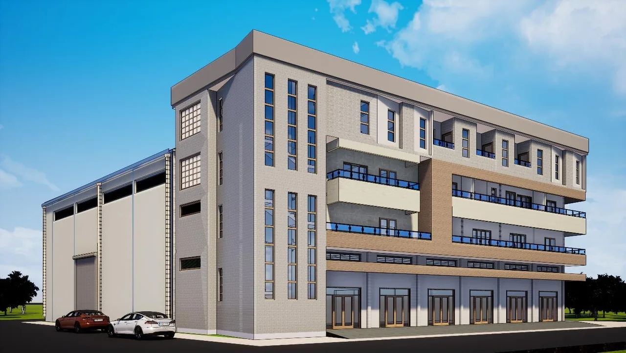 Vue 3D d’un ensemble industriel associant un hangar et un bâtiment à plusieurs niveaux.