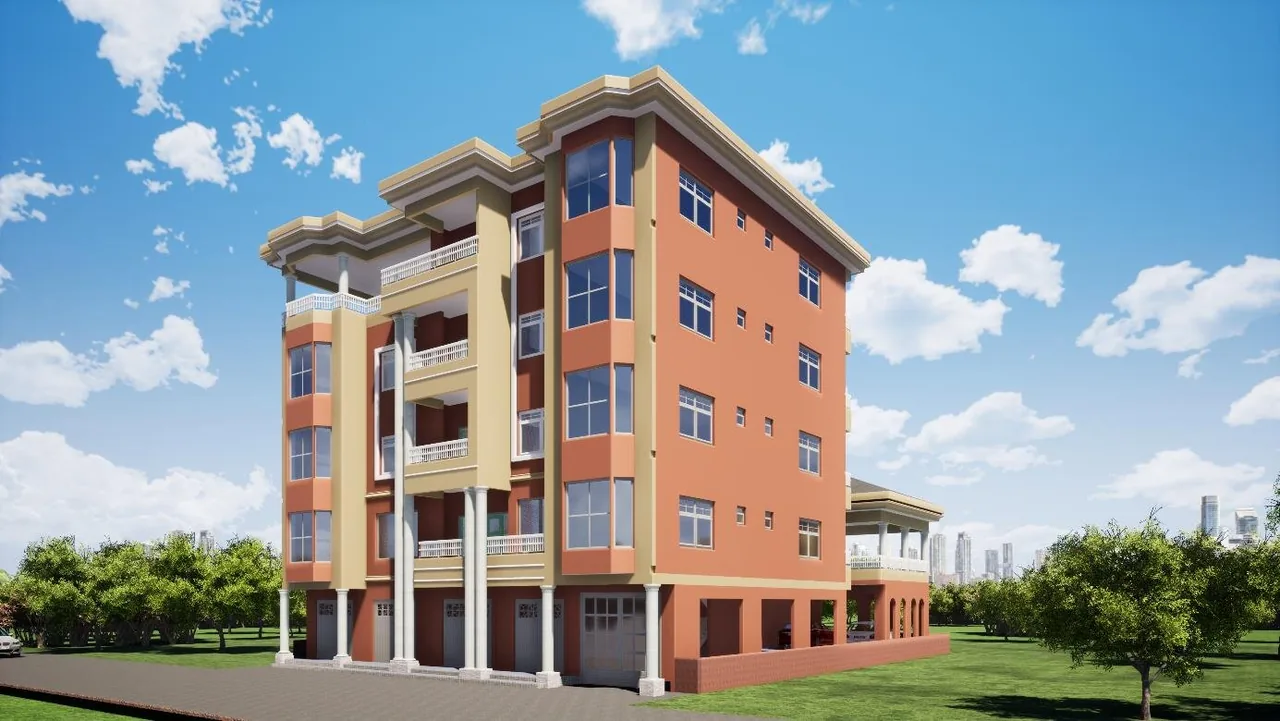 Vue 3D d’un bâtiment R+4 aux façades orange et beige, avec des balcons.